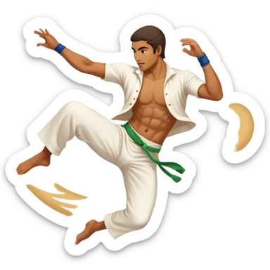 A Brazilian man as a capoeira fighter in mid-air performing a spinning kick, with Brazilian features, tan skin tone, wearing traditional white capoeira pants and a cord, vibrant and flowing pose, surrounded by motion swirls sticker