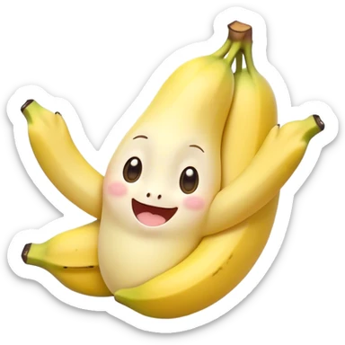 Cute Kawaii Banana, slightly curved, soft pastel yellow, cute giggling face with big round eyes, tiny arms waving happily, a peeled section revealing a smiling expression! sticker
