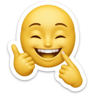 Yellow 3D emoji face, closed smiling eyes, wide toothy grin, one hand with index finger touching the mouth, playful flirty expression, clean emoji style. sticker