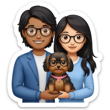 “An Asian girl with long, wavy black hair (loose, no hair tie) next to her smiling boyfriend—a brown-skinned man with a MIDDLE PART HAIr and glasses. Together, they’re holding a small Yorkshire Terrier sticker