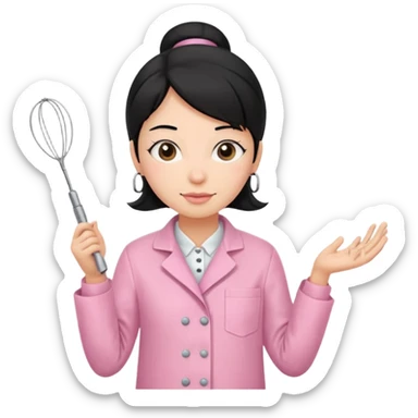 Pastelera de pelo negro con piel clara casaca de cocina rosada y un batidor de mano en su mano  sticker