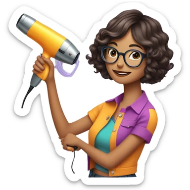 girl with short shoulder-length hair and glasses holding a hairdryer in one hand and scissors in the other, wearing a colorful outfit sticker