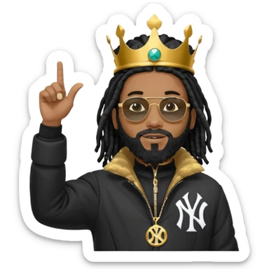 African American man with shoulder length black dreadlocks with black beard wearing black sunglasses wearing Crown on his head wearing a black bubble m New York Yankees logo winter coat pointing up and out sticker