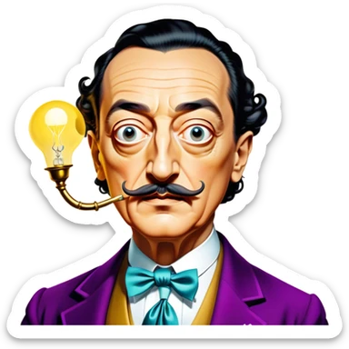 Cinematic Realistic portrait of Salvador Dalí, depicted as a surrealist artist with eccentric, expressive features and his iconic mustache, rendered with vibrant, imaginative lighting and richly detailed period attire that capture his avant-garde essence. sticker