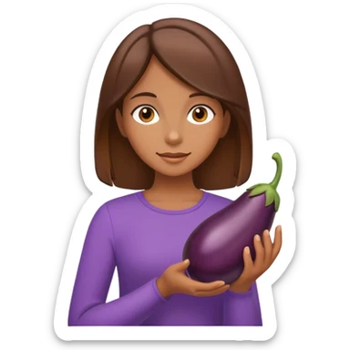Eager brown hair girl hold eggplant sticker