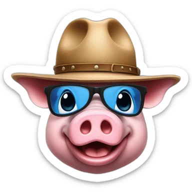 A pig with a cow boy's hat, with blue glasses and with a youtube's logo in his chest sticker