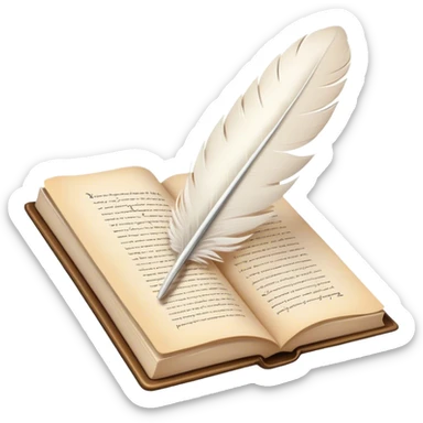 Create a poetic and elegant emoji representing poetry. The design should feature several, gracefully flying pages with short, poetic columns written on them. A white feather quill should be depicted writing on one of the pages, with ink flowing smoothly. The pages should have a soft, antique look, with subtle details to convey the delicate nature of poetry. Use soft, light colors with a romantic, airy feel. Make the background transparent. sticker