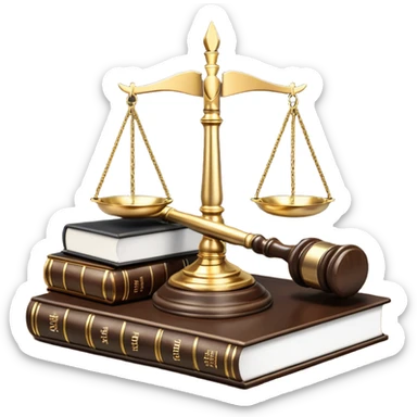 An icon featuring a gavel, scales of justice, and legal books, symbolizing law. The design includes a courthouse building in the background, representing the legal system and justice. Transparent background highlights the authority and structure of the law. sticker