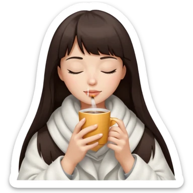 Dark brown hair with straight bang girl inside a white blanket sipping coffee eyes closed sticker