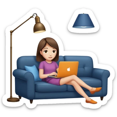 A girl is working with a laptop while lying on a sofa, with a floor lamp to the right. sticker