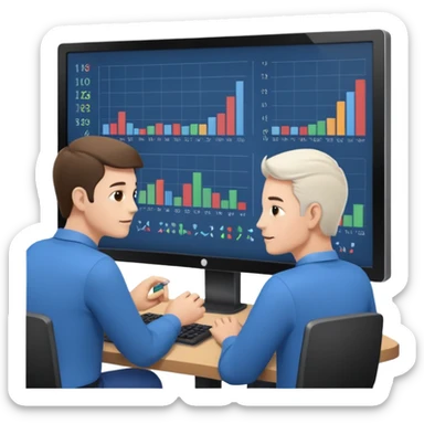teaching somebody else in person, in the same place, watching the same monitor together, the trainee and trainer are in the similar age, two both are men, the monitor should be showing some data graphs  sticker