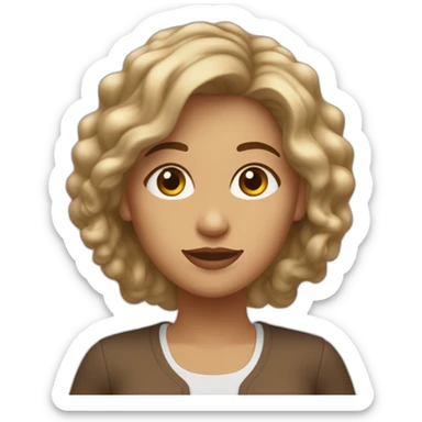 mujer blanca con pelo castaño claro y rulos en la punta del pelo con ojos marrones anreojos y una camisa marron claro sticker