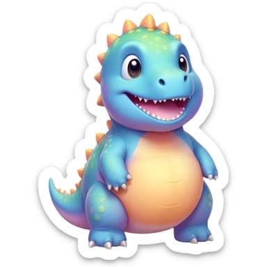 Cinematic tiny pastel dinosaur, chubby round body, tiny feet, big sparkling eyes, soft glowing colors, happy and friendly expression, radiating warmth. sticker