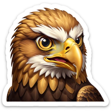 Cinematic Comical Golden Eagle Portrait Emoji, Head tilted dramatically with an exaggeratedly shocked expression, featuring a striking, broad-beaked form with wide, comically expressive eyes full of playful disbelief and richly textured golden feathers, Simplified yet hilariously expressive features, highly detailed, glowing with a slightly sassy amber glow, high shine, dramatic yet playful, stylized with an air of cheeky aerial mischief, soft glowing outline, capturing the essence of a meme-worthy golden eagle that looks ready to side-eye its way into viral fame! sticker