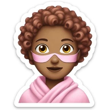 White skin girl with a pink face mask, curly and brown hair, and a pink hair towel  sticker