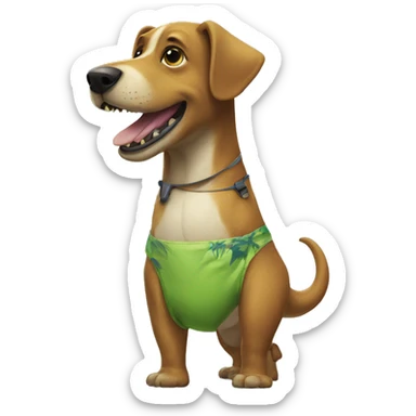 a dog taking a dinosaur on a walk in a bathing suit sticker