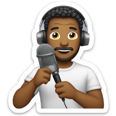 a guy creating a podcast with a mic sticker