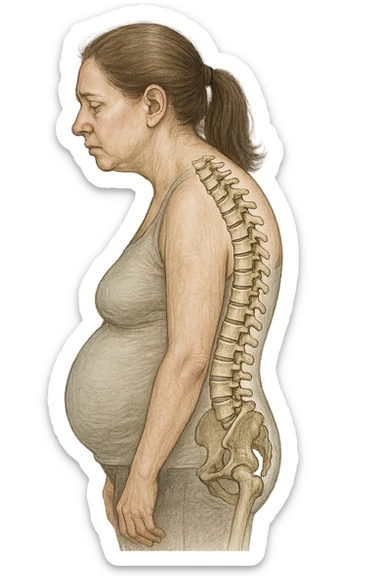 DONNA DI PROFILO CON LA POSTURA SBAGLIATA, SPINA DORSALE UMANA ANATOMICA REALISTICA IN EVIDENZA, LA PANCIA IN FUORI E LE SPALLE CHIUSE sticker