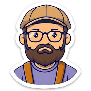 Adventurer with glasses, a beard and tan colored cap sticker