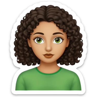 Create a zombie emoji inspired by a young woman with tanned skin, an oval face, large dark eyes, defined eyebrows, a small nose, and medium lips. Her hair should be long, curly, and dark brown. make a green skin like a zumbie original emoji sticker