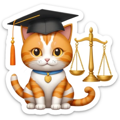 cat with a graduation cap, scales of justice beside it sticker