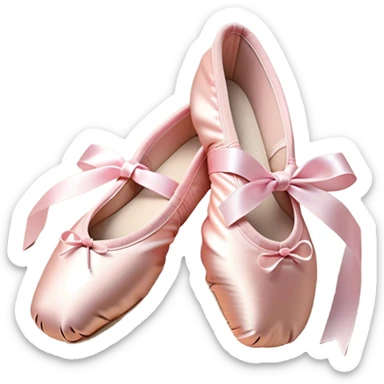 Cinematic Realistic Ballet Shoes, soft satin pink pointe shoes with delicate ribbons, resting gently on a polished wooden floor, subtle creases in the fabric, glowing under the warm golden light of a rehearsal studio, evoking elegance and grace. sticker