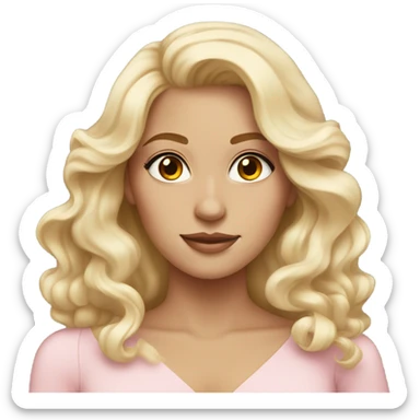 Gorgeous blonde woman, brown eyes, long wavy hair, wearing a light pink gown sticker