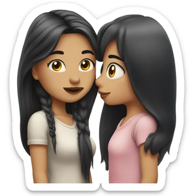 A girl kissing another girl on the cheek, both are blushing. They both have white skin and long black hair sticker