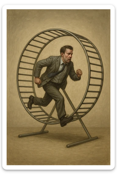 uomo che corre dentro la ruota del criceto come un circolo vizioso sticker