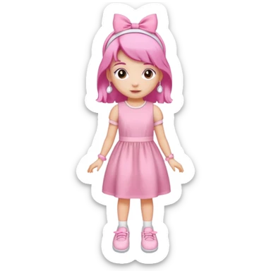 A girl wear a a pink pink dress and pink wacth and a pink hairband and a white shoes sticker