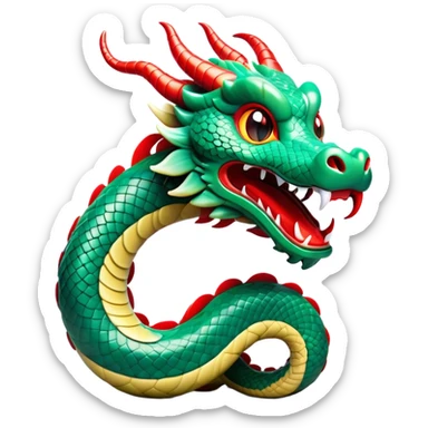 Cinematic Comical Chinese Serpent Dragon Portrait Emoji, Head tilted dramatically with an exaggeratedly amused expression, featuring a sleek, serpentine form adorned in luminous jade and vermilion scales interlaced with playful cloud and water accents; rendered with vibrant, lifelike textures and dynamic natural shadows, high shine, playful yet wise, styled with an air of cheeky ancient mystique, soft glowing outline, capturing the essence of a spirited and humorously enigmatic celestial dragon that looks ready to spiral into legendary lore! sticker