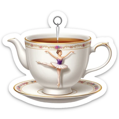 A tea cup with a tea bag tag hanging out, dancing en pointe in a classical ballet position sticker