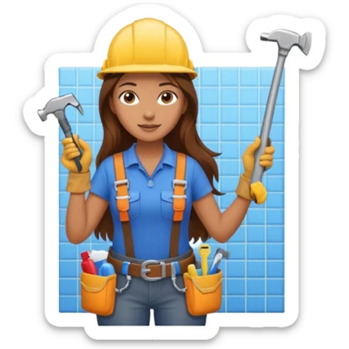 beautiful girl with long brown hair constructing new bathroom area with new shower and amenities  sticker