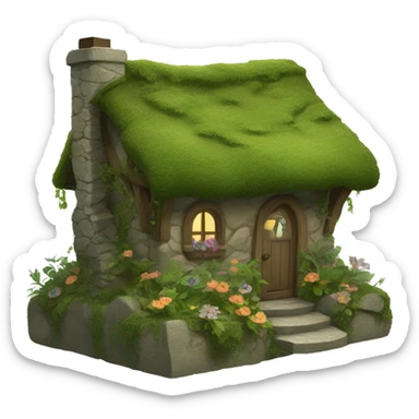 A cozy fantasy cottage made of stone and wood, covered in moss, vines, and flowers sticker