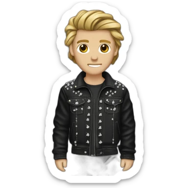 guy with brown-blonde hair wearing rhinestone jacket with barbed wire design, black fabric, rhinestone barbed wire design,  sticker
