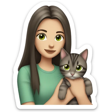 Brunette girl with straight hair, green eyes, holds a gray, striped, brown-eyed cat in her arms sticker