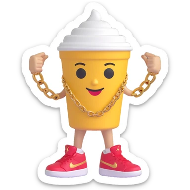 3D cartoon character of a Styrofoam cup of lean (purple drank), with a friendly face, arms, a gold chain, and Jordan sneakers, simple style sticker