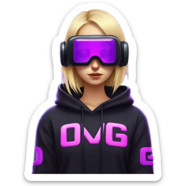 Russian cute blond student girl wearing black hoody with violet letters "OMG", in vr headset. No eyes. Cyberpunk style. Violet neon. sticker