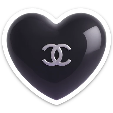 Apply a silver Chanel logo on the heart, keep it elegant, glossy, black and white, 3D emoji style, with no background. sticker