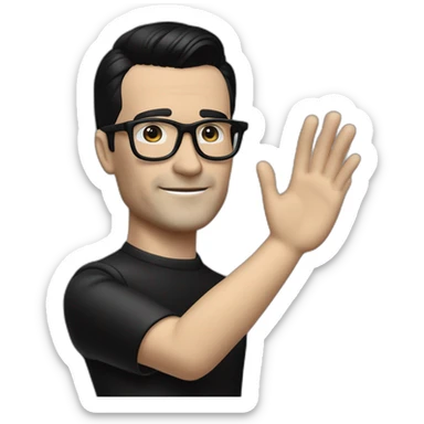 small photo realistic right arm waving Ralf Hutter from Kraftwerk, short straight black hair, Dark Brown eyes, black glasses, thin, black shirt, left side view sticker