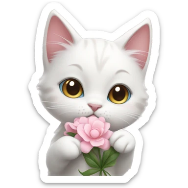 cute white cat holding light pink flowers in her paw sticker
