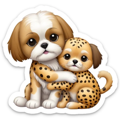 Shih tzu hugging a stuffed animal that is a cheetah sticker