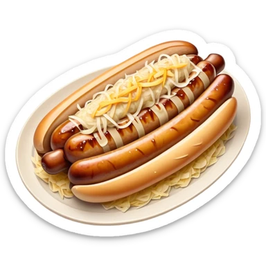 Bratwurst Cinematic Realistic Bratwurst Dish Emoji, depicted as a grilled bratwurst topped with a generous serving of shredded sauerkraut, rendered with rich textures and dynamic, appetizing lighting. sticker