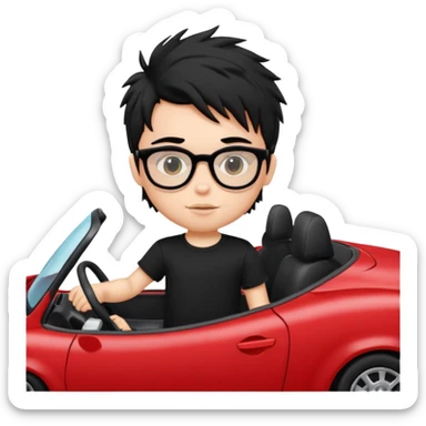generate a pretty bratz fair skinned boy with black messy hair wearing a black tshirt driving a red car. Glasses on.  sticker