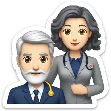 husband classy caucasian 55 dark gray hair trimmed beard wearing navy blue business suit holding bible, with wife asian age 55 dark hair nurse uniform, no children sticker