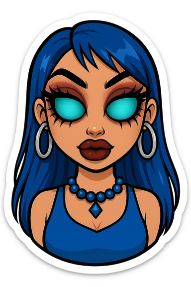 Make her eyes much scarier while keeping a nice and cute look, gyaru style, blue hair, pretty makeup, bratz baddie vibe, emoji style, with no background. sticker
