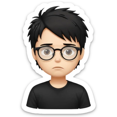 generate a pretty bratz fair skinned boy with black messy hair wearing a black tshirt looking bored n tired. Glasses on sticker