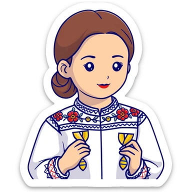 Ukrainian girl in traditional embroidered vyshyvanka shirt holding a DNA molecule in her hand sticker