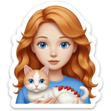 Long wavy strawberry blonde blue eyes woman with a white cat with blue eyes realistic  sticker