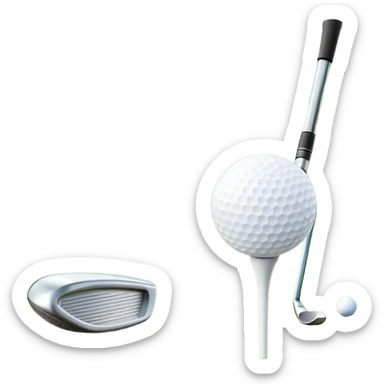 A golf ball on a tee with a golf club placed beside it, set against the backdrop of a well-manicured green golf course. The scene emphasizes the equipment and serene atmosphere of the sport, with soft lighting and a peaceful, open landscape sticker